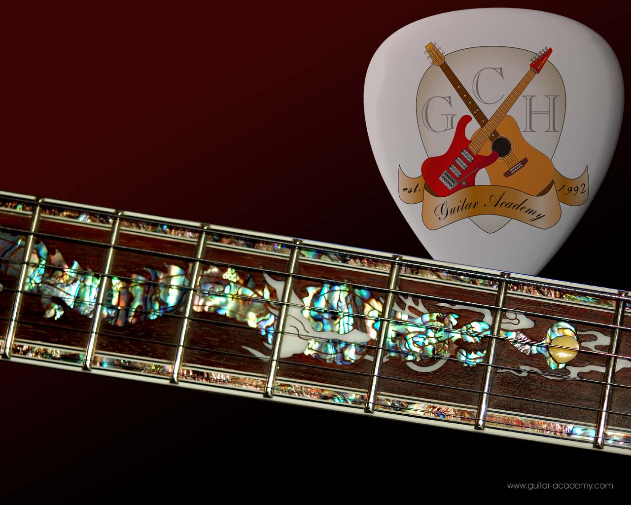 Guitar wallpaper, guitar neck with ornate dragon inlay